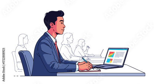 Focused professional in a meeting attentively taking notes and observing digital information, enhancing productivity and engagement in office