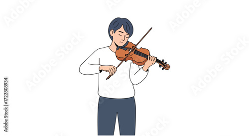 A young man in casual attire engrossed in playing the violin, showcasing musical passion and artistic expression creating a harmonious atmosphere of