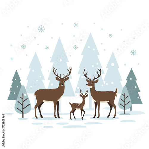 A family of graceful deer stands serenely in a vibrant 2D flat vector illustration, set within a tranquil, snow-covered forest with stylized pine trees and delicate snowflakes.