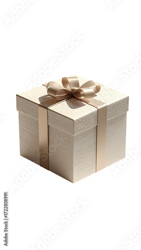 A light beige gift box with a tan ribbon bow