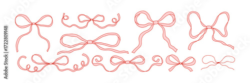 Set of hand drawn ribbon bows in coquette style. Cute feminine decorative elements for digital design, scrapbooking, planners, invitations, packaging, and social media. Isolated on white vector art