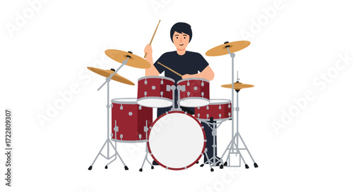 Illustration of a Drummer Performing on a Red Drum Set with Cymbals Against a White Background