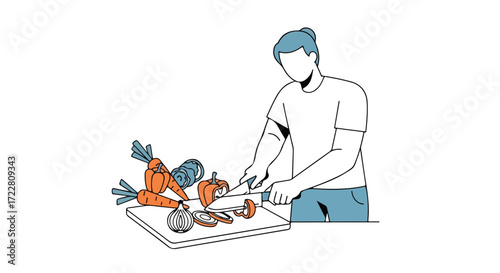 Minimalistic illustration portraying a person slicing fresh vegetables on a cutting board for a healthy meal preparation