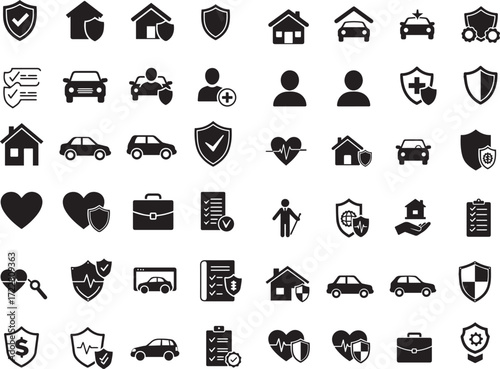 Insurance and assurance icon collection. Related to healthcare medical, life, car, home, travel insurance icons. Line icons vector set