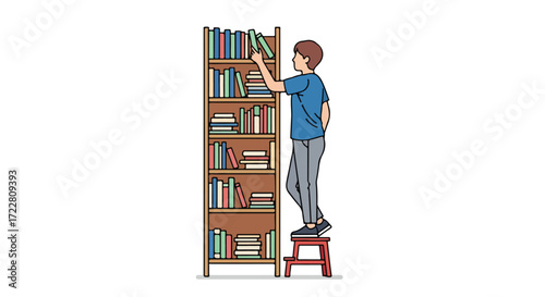 A youthful individual reaching for a tome on a tall bookshelf while standing on a stool, depicted in a simplistic, line-art style illustration