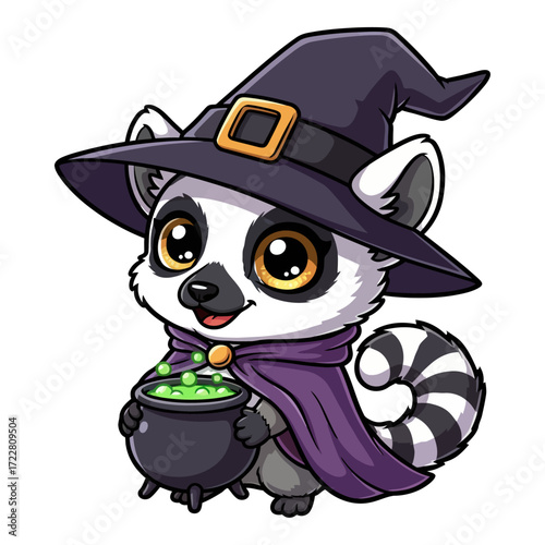Vector Illustration of Lemur in a Witch's Hat with Cauldron. 