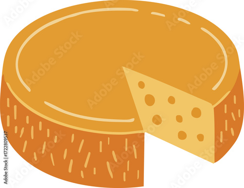 Round cheese wheel with a cut wedge and holes