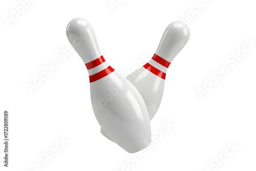 A pair of floating white bowling pins with red stripes. 3d rendering, transparent background