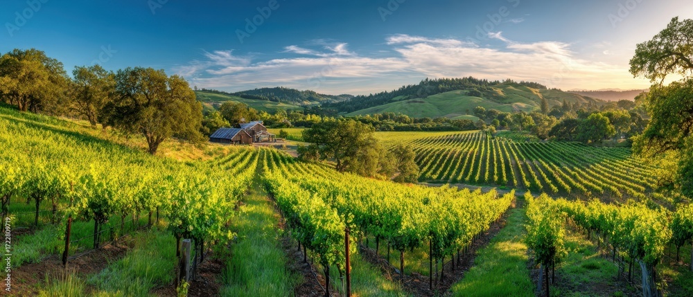 Fototapeta premium The serene vineyard landscape showcasing lush green grape fields at sunset.