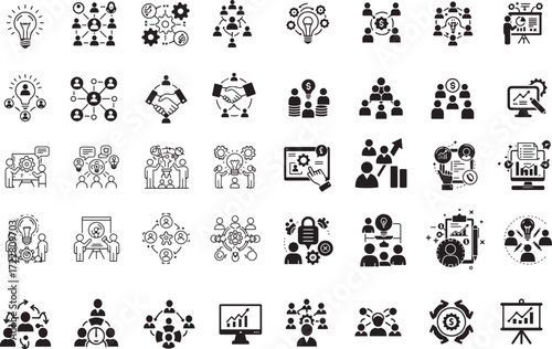 set of business people icons, such as meeting, team, structure, communication, member, group