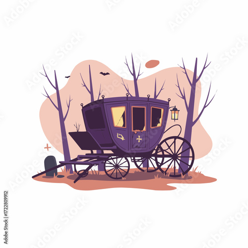 Vintage purple carriage surrounded by barren trees at dusk  