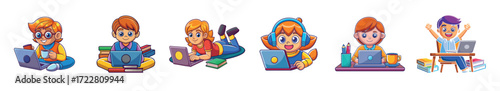 Cartoon Kids Engaging in Online Learning with Laptops and Books in Varied Poses