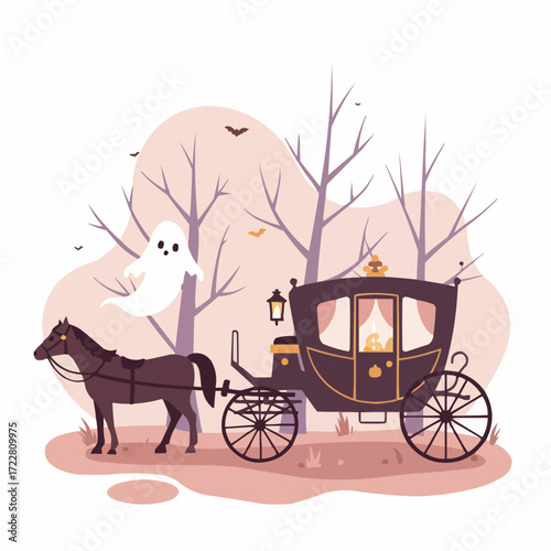 Cartoon ghost appearing near a horse-drawn carriage in autumn trees  
