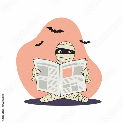 Cartoon mummy reading newspaper with bats in the background  