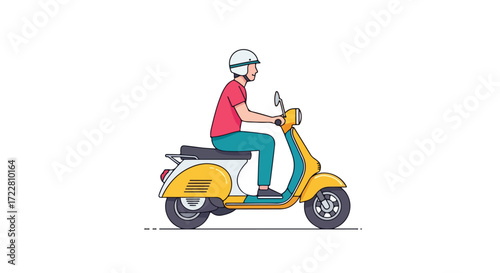 Cartoon style illustration showcasing a man riding a retro yellow and white scooter on a clear background
