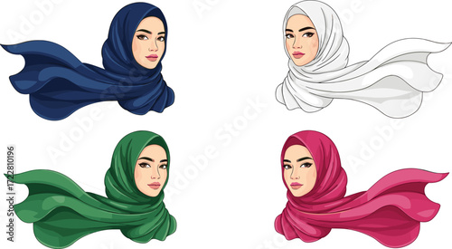 Muslim woman hijab illustration, colorful hijab design, Islamic fashion art, female portrait vector, traditional dress, modest clothing, headscarf flowing style, modern elegance