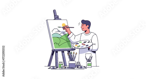 Enthusiastic artist capturing a serene landscape on canvas, fueled by passion and artistic expression showcasing talent at work