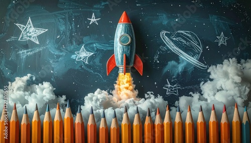 Colorful pencils line the bottom; above, a rocket launches toward chalk-drawn stars and planets on a cosmic, cloud-filled backdrop