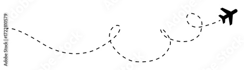 Vector illustration of airplane with a curved dashed flight path. Perfect for aviation, travel, trip, journey, airport, logistics, transportation, tourism, map, and route planning design projects.
