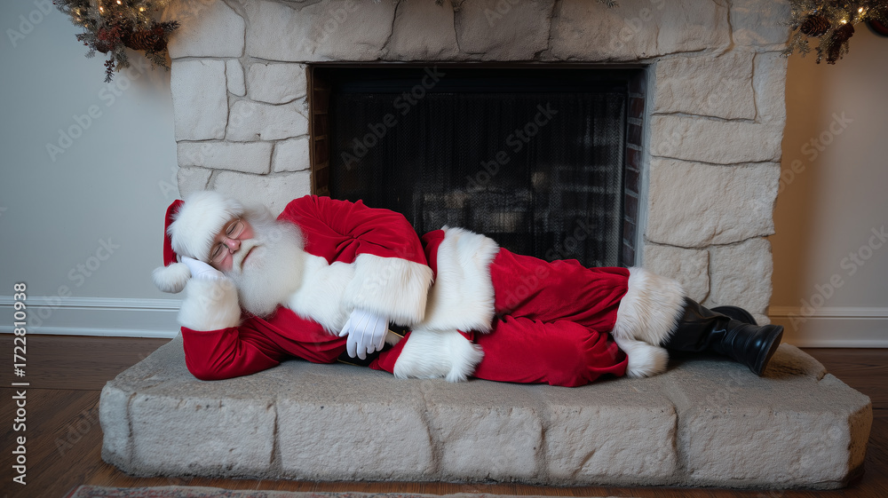 Obraz premium Santa Claus sleeping peacefully by fireplace in cozy living room, festive holiday atmosphere, joyful and serene mood