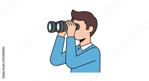 Cartoon character using binoculars for observation or exploration vector illustration