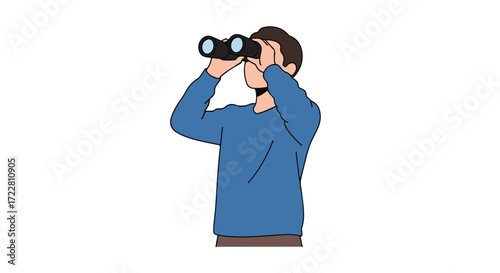 Man with Binoculars Looking Upward, Seeking Distance View, Exploring New Horizons, or Observing Wildlife in Nature, Illustrated on Isolated White