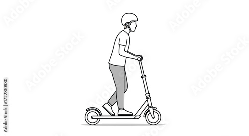 Line art depiction of person on scooter with helmet enjoying a modern urban lifestyle ride