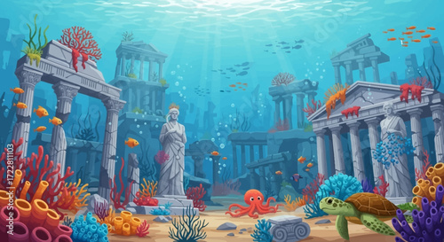 Underwater City Ruins with Marine Life and Ancient Architecture.