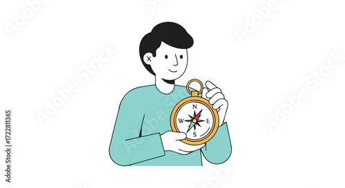 Character holding an ornate compass, illustration of navigation and exploration, adventure and guidance conceptual image