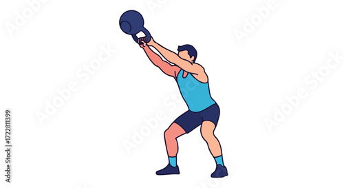 Man performing kettlebell exercise overhead, focusing on strength and fitness training illustration for workout routines and athletic conditioning