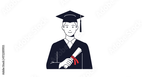 Illustration of a young man celebrating graduation in cap and gown, achieving educational milestones, and future career prospect