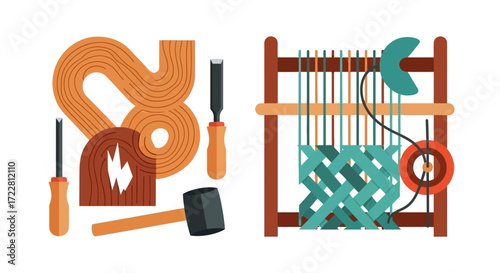 Weaving Tools and Loom Illustration - Crafting and Textile Art.