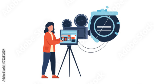 Filmmaker operating vintage cinema camera for a modern film shoot showcasing storytelling equipment and content creation process bringing the best