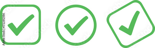 Illustration of three green checkmarks in different shapes isolated on white background