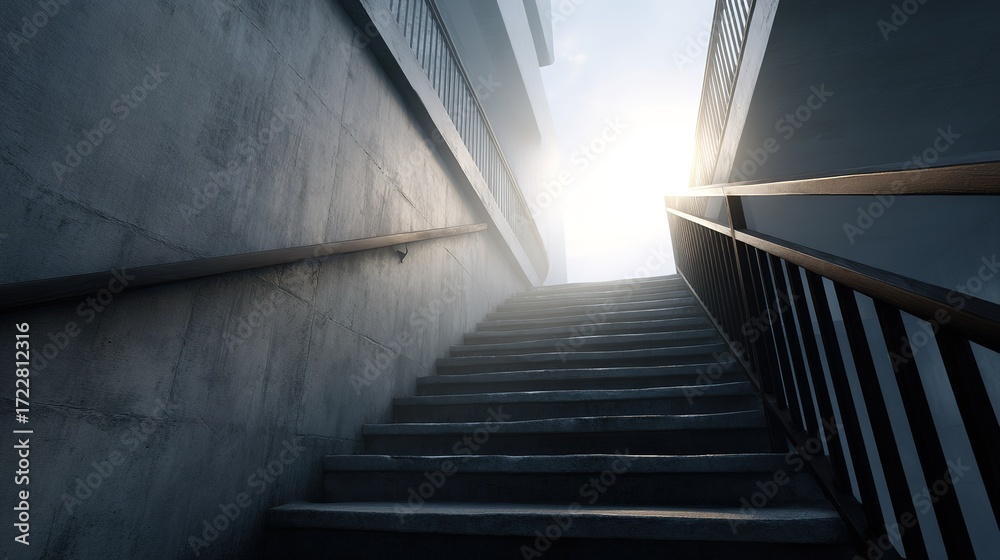 Fototapeta premium Concrete staircase with wooden handrail leading upwards toward bright sunlight and sky