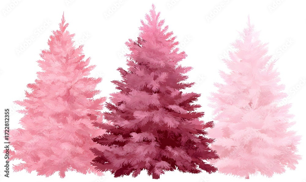 Naklejka premium illustration of three pink christmas trees, a dark pink tree in the center with a medium pink tree on the left and a lighter pink tree on the right