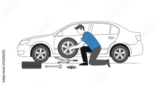 Illustration depicting a man changing a car tire with a jack, spare tire, and tools on white background, emphasizing automotive maintenance and