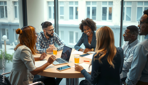 Group of diverse professionals collaborating on a project in a bright office space during daytime Generative AI