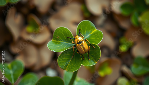 Golden beetle resting on a clover leaf surrounded by foliage during a sunny day in a garden Generative AI