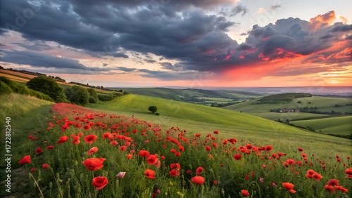 A vibrant landscape of red poppies blossoms in a field under a summer sky