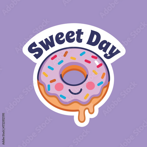 "Sweet Day" sticker with a smiling, dripping donut, a delicious and fun illustration for food and sweet treats.