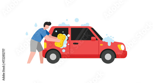 Illustration showcasing a man meticulously cleaning a red car with a yellow sponge and foamy soap  cartoonish style
