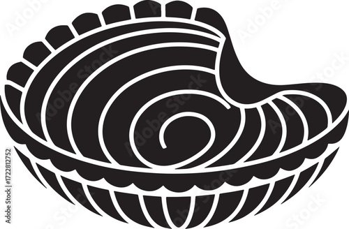 Seashell Clam Shellfish Marine Life Ocean Black Engraving Line Art Icon Isolated Vector