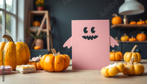 Cute pink ghost decoration surrounded by small pumpkins for autumn celebration in cozy indoor setting Generative AI