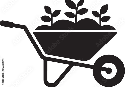 Wheelbarrow Vector Filled Plants Gardening Farming Agricultural Cart Icon