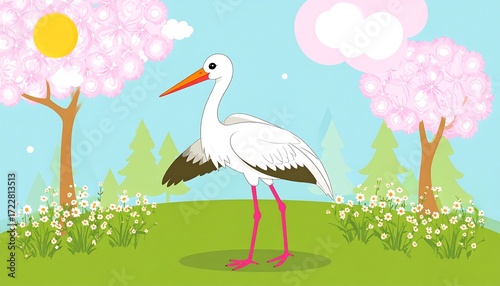 White stork in blooming spring meadow