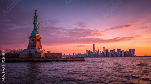Stunning Sunset Over Statue of Liberty and New York City Skyline