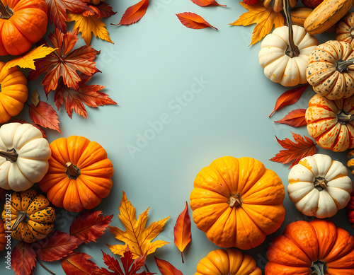 Colorful autumn display featuring pumpkins and fall leaves on a light blue background Generative AI