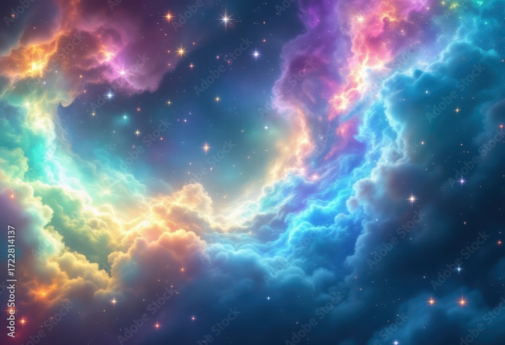 Obraz premium A vibrant display of luminous clouds and twinkling stars in a celestial expanse.