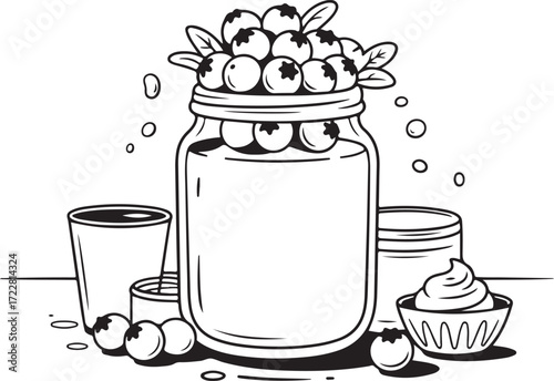 Black and white line art of a jar filled with blueberries and surrounding food items blueberry fruit
